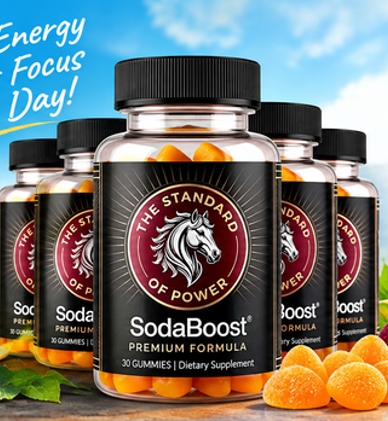 Original SodaBoost Gummies product image showing Premium Formula bottles, orange gummies, and the horse emblem